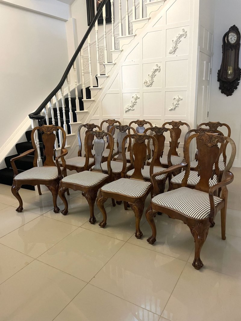 Outstanding Quality Set of 12 Antique Victorian Burr Walnut Dining Chairs - Image 2